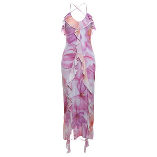 U neck print ruffle high slit cami midi dress