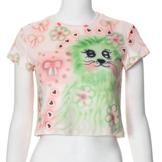 Crew neck short sleeve print crop top
