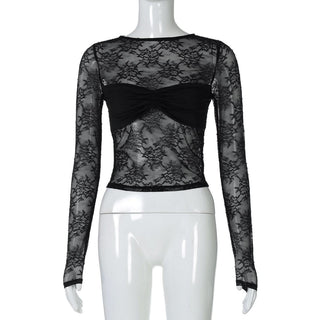 Long sleeve lace see through crewneck ruched top