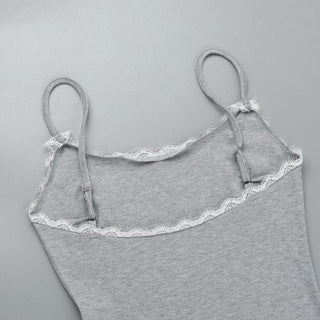 Bowknot lace hem ribbed cami romper