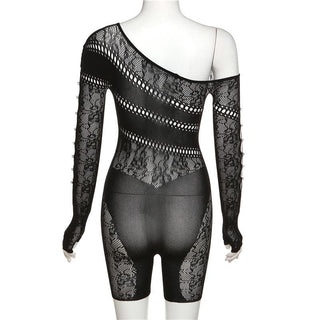 Off shoulder gloves long sleeve lace fishnet button see through romper