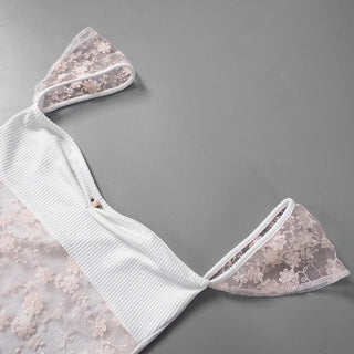 Cap sleeve lace flower embroidery ribbed top