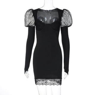 Long sleeve lace hem u neck solid mini dress