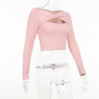 Long sleeve knitted hollow out ribbed cross front crop cut out top