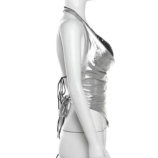 Halter metallic glitter cowl neck ruched 2 piece top
