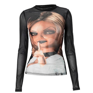 Long sleeve crewneck figure print sheer mesh top
