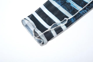 Long sleeve striped dragon print sheer mesh pant set