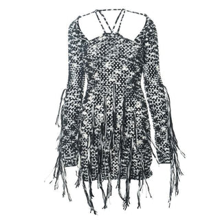 Long sleeve knitted tassels cross back contrast mini dress-final-sale