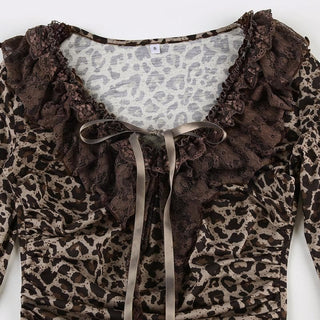 Long sleeve ruffle leopard print bowknot ribbon top