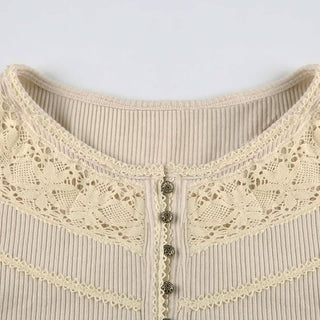 Round neck long sleeve lace ribbed solid top
