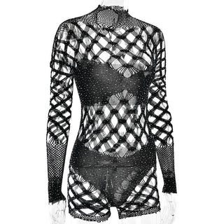 Long sleeve hollow beaded fishnet romper