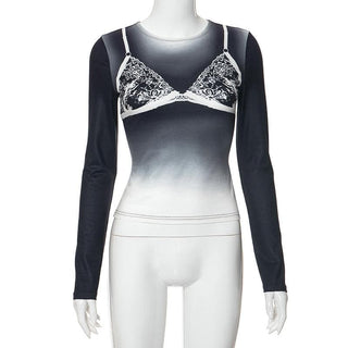 Long sleeve body print gradient crewneck contrast top