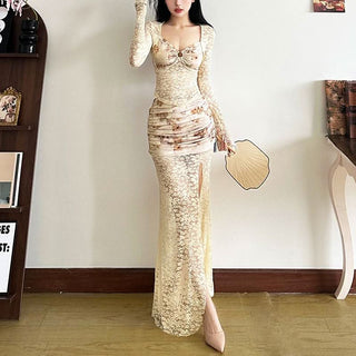 Long sleeve lace ruched print o ring hollow out cut out top