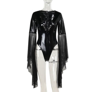 Long flared sleeve PU leather cross front bodysuit