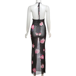 Halter v neck flower print see through maxi dress