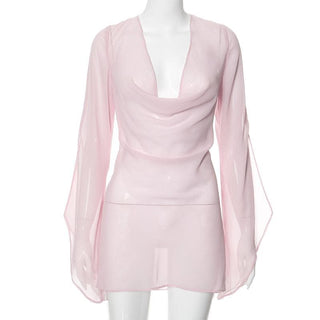 Cowl neck long sleeve backless chiffon mini dress