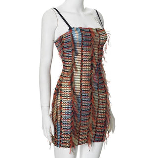 Mesh ruffle stitch contrast textured cami mini dress