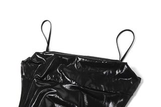 PU leather slit flower applique cami midi dress