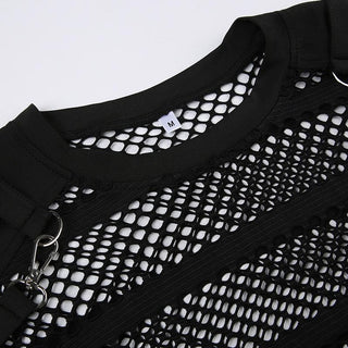 Hollow out long sleeve fishnet see through buckle solid crop cut out top