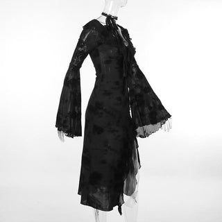 Long flared sleeve v neck slit ruffle midi dress