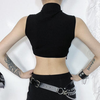 Sleeveless high neck moon pattern beaded crop top