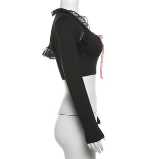 Long sleeve lace hem lace up shrug 2 piece top