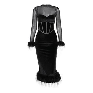 Long sleeve feather velvet mesh patchwork slit high neck midi dress-final-sale