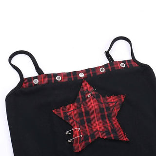 Square neck hollow out star print plaid cami cut out top