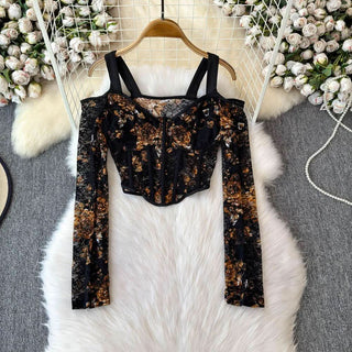Long sleeve off shoulder flower print lace bustier top