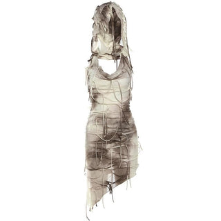 Cowl neck hoodie tie dye irregular mini dress