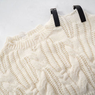 Long sleeve buckle knitted hollow out cut out top