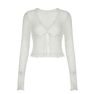 V neck long sleeve lace bowknot top