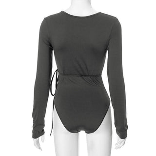 Hollow out long sleeve irregular self tie button bodysuit