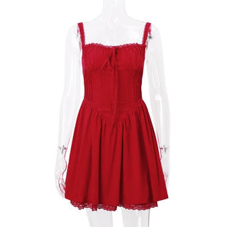 Lace hem drawstring ruched lace up cami mini dress