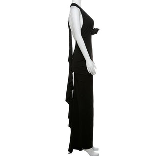 Halter v neck flower applique backless ruched maxi dress