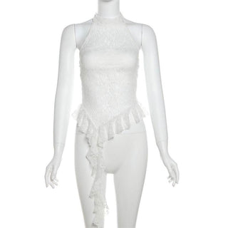 Halter mesh ruffle backless top