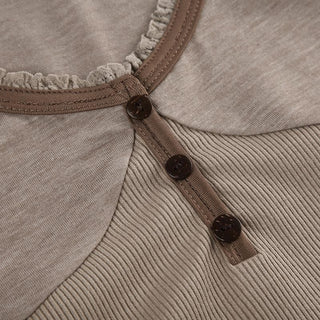 Short puff sleeve button stitch ruffle ribbed top