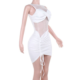 Ruched drawstring crewneck fishnet mini dress