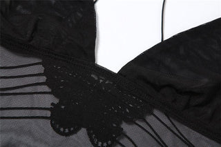 Sheer mesh butterfly applique see through backless solid top
