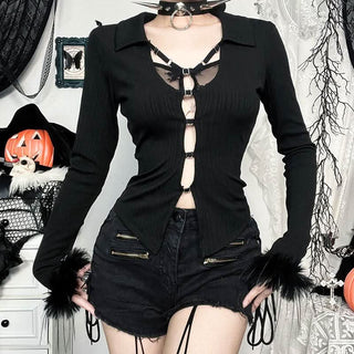 Turnover collar long sleeve fluffy button knitted top