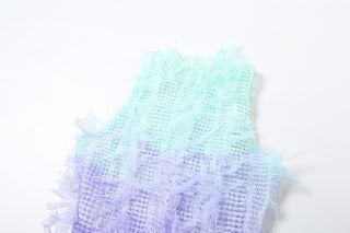 Gradient tassels hollow out see through crewneck cut out midi dress