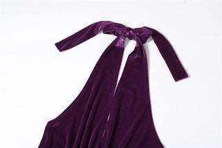 Halter v neck velvet tassels slit backless maxi dress