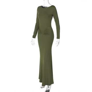 Long sleeve crewneck ruched solid maxi dress