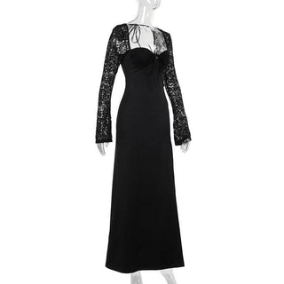 Sweetheart neck long sleeve self tie slit maxi dress-final-sale