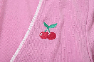 Long sleeve v neck cherry embroidery self tie pant set
