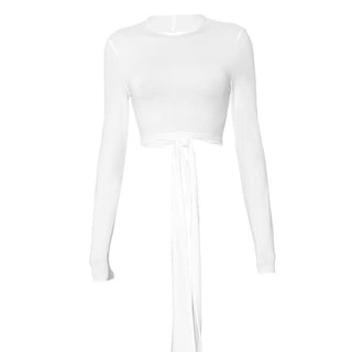 Self tie backless solid long sleeve crewneck top