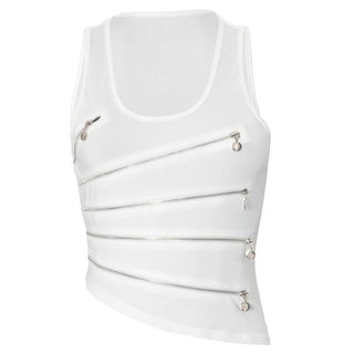 Zip-up hollow out u neck irregular solid cut out top