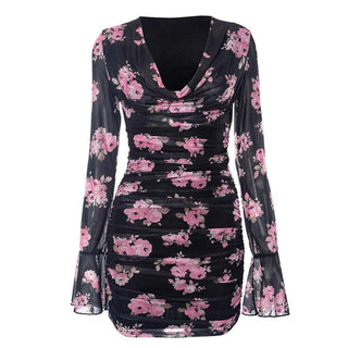 Long flared sleeve cowl neck ruffle flower print sheer mesh mini dress