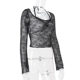 Long sleeve halter lace ruched see through top