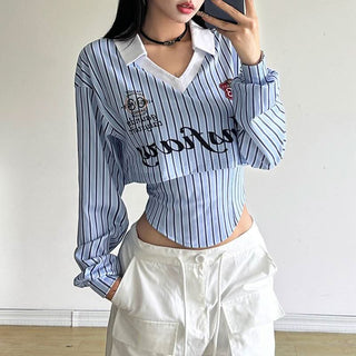 Turnover collar long sleeve striped letter print top